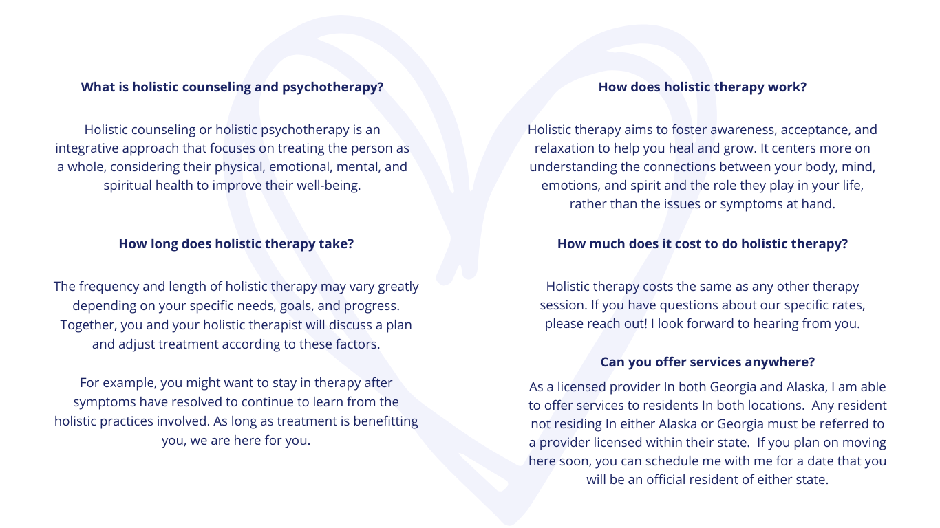 The healing heart hub offers holistic counseling services in alaska and georgia.  Services are telehealth only.